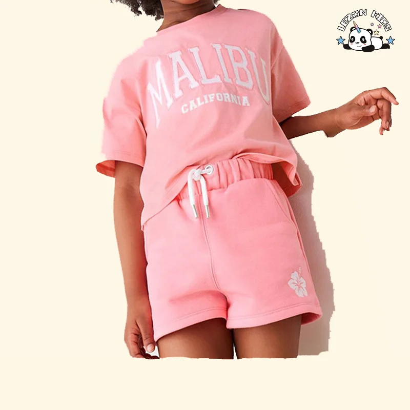 LEZONKIDS - Conjunto Infantil de Estampa de Letra Fashion para Meninas Pequenas Rosa com Etiqueta Privada Personalizada para Crianças de 2-14 Anos
